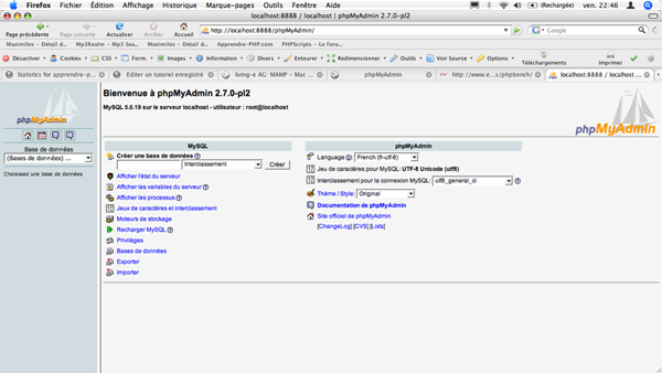 Page d'accueil du gestionnaire PHPMyAdmin