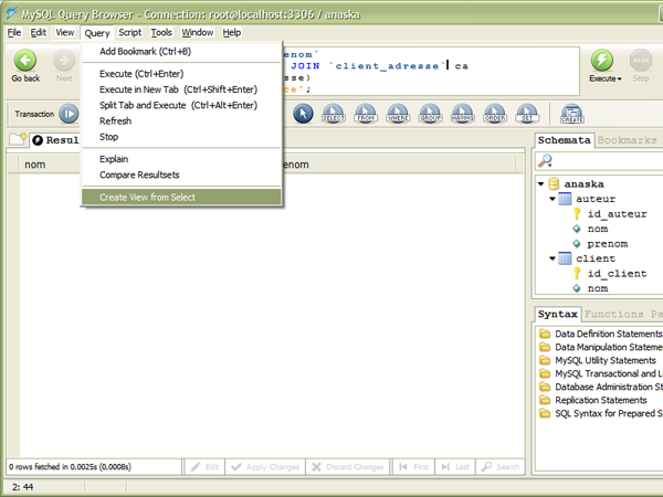 Créer une vue dans MySQL Query Browser